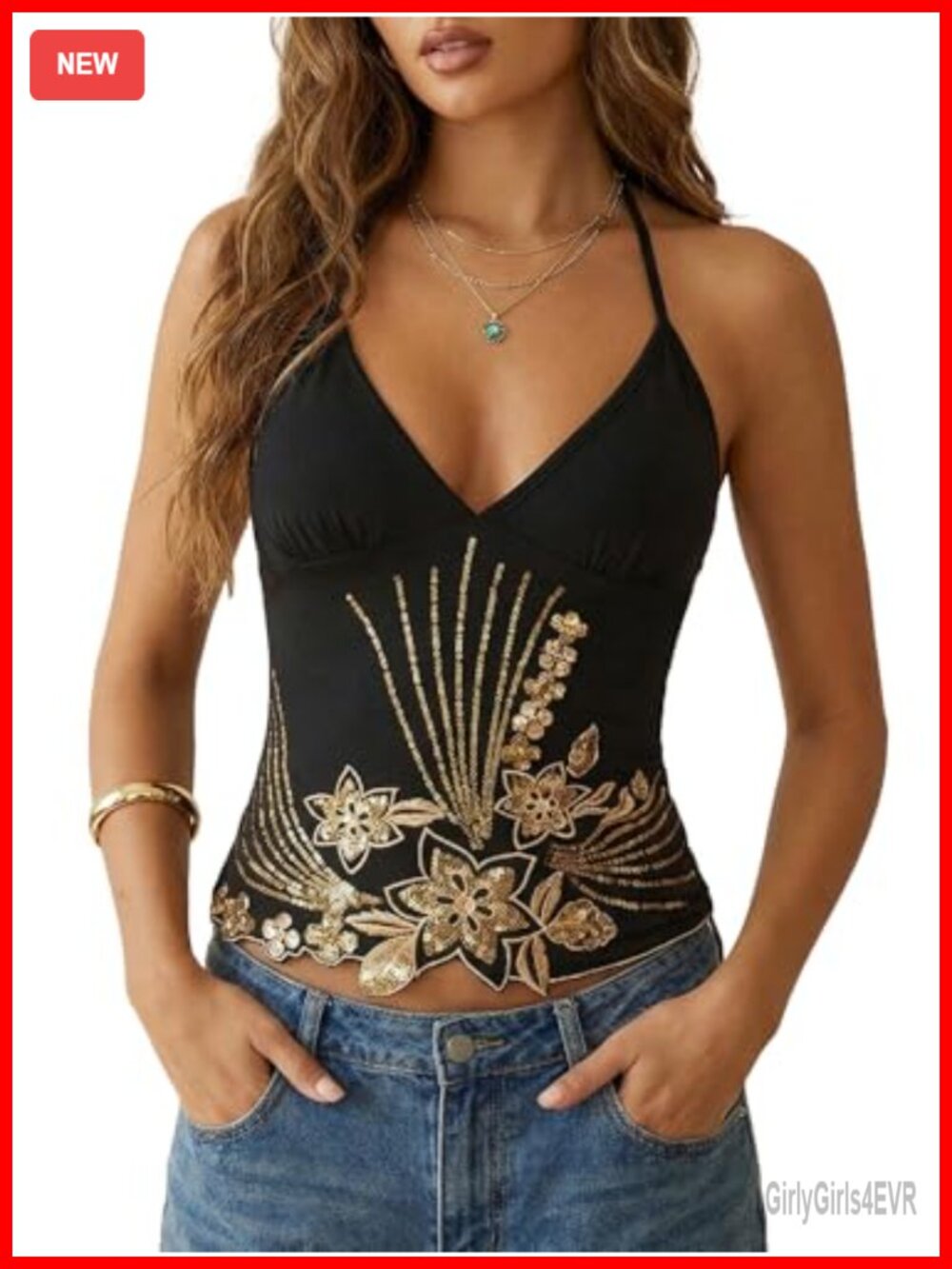 Women's Gold Sequin Halter Top Sleeveless Tie Back Y2K Going Out Cami